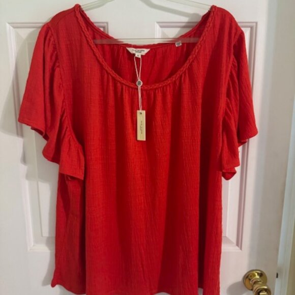 Max Studio London Peasant Top with Braided Stitching Around Neck Papaya - Picture 2 of 6